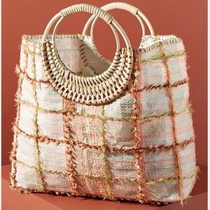 Anthropologie En Shalla Pink Woven Tote Bag Wicker Handle NWT